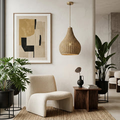 Pendant Light, Hand Woven Rattan in Beige with Antique Brass Finish