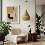 Pendant Light, Hand Woven Rattan in Beige with Antique Brass Finish
