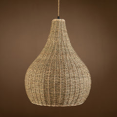 Pendant Light, Hand Woven Rattan in Beige with Antique Brass Finish