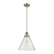Pendant Light, Seeded Glass Shade in Antique Brass