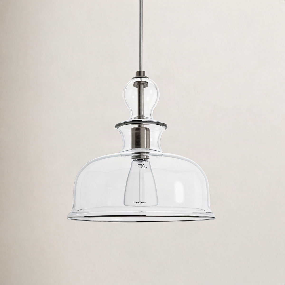 Pendant Light, Single Bulb, Brushed Nickel Metal with Clear Glass Bowl Shade