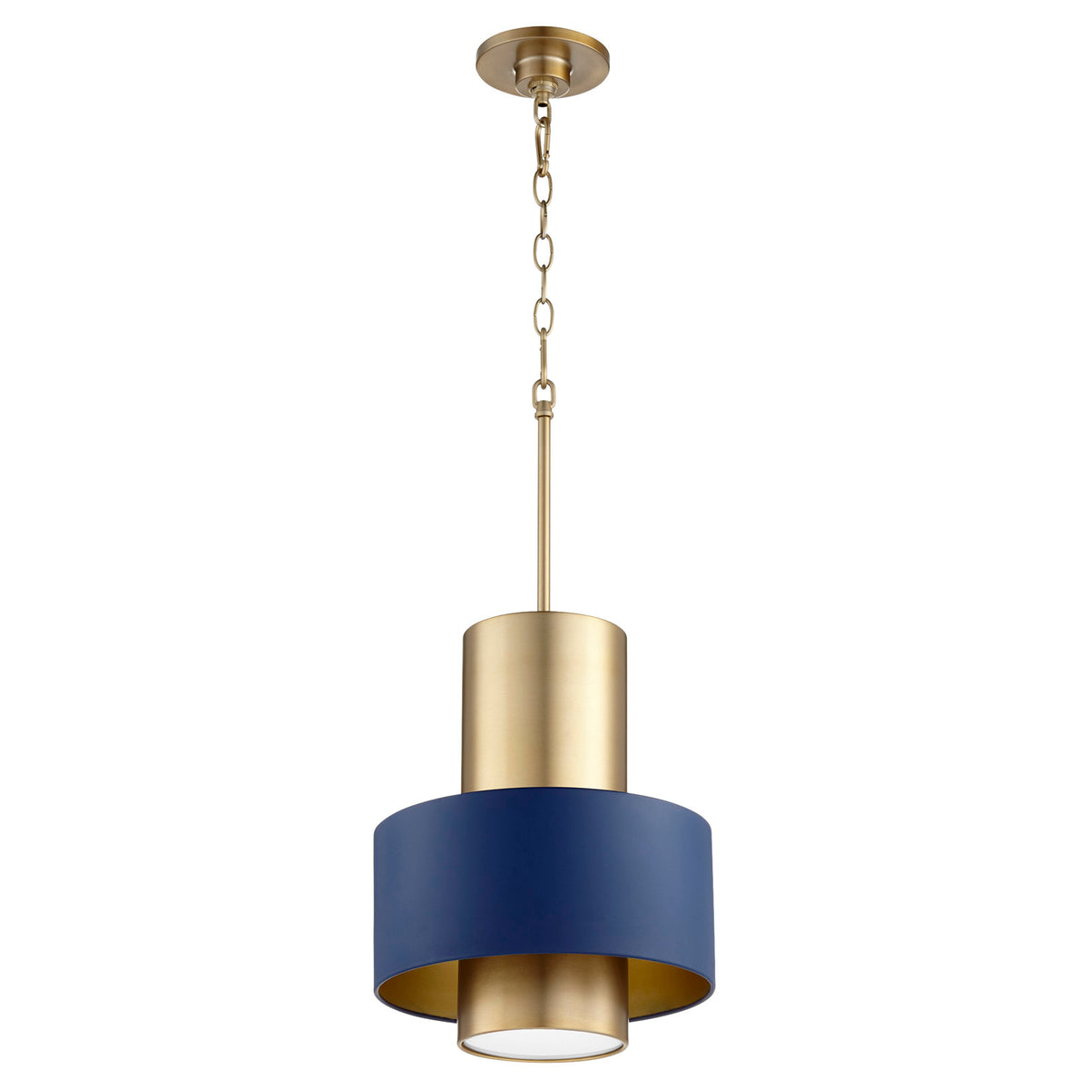 Pendant Light, Two-Tier Metal Drum Shade with Matte Blue and Aged Brass