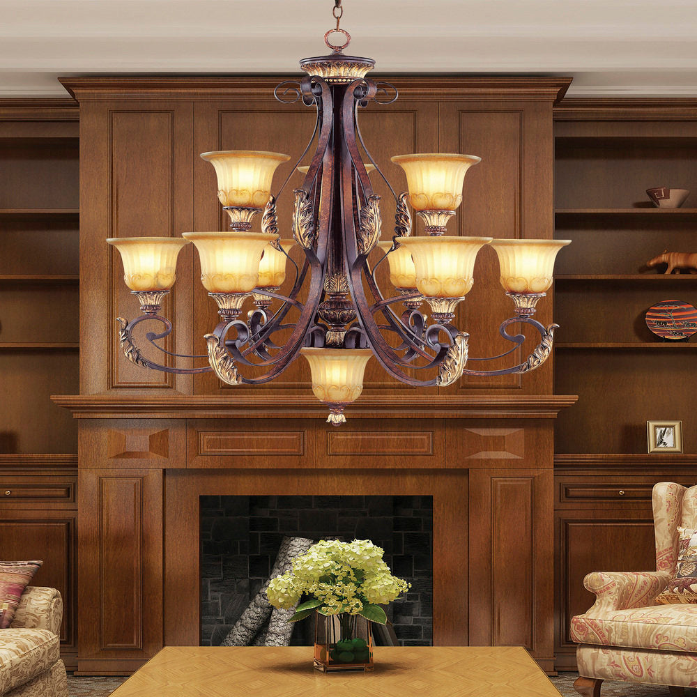 Pendant Light with 2 Light Tiers and Glass Shade in Bronze Metal