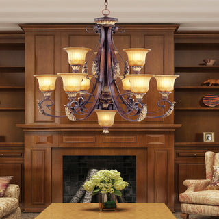 Pendant Light with 2 Light Tiers and Glass Shade in Bronze Metal
