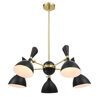 Pendant Light with 5 Black Metal Shades and Satin Brass Ring