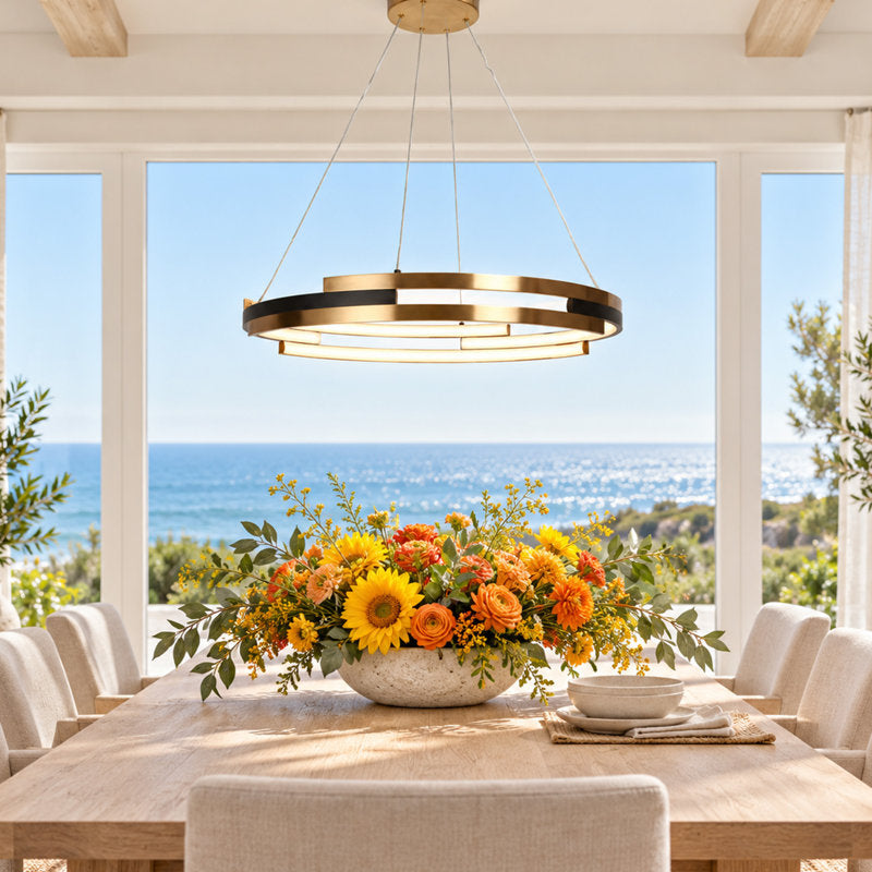 Pendant Light with 6 Integrated LED Panels in Interlocking Metal Circles