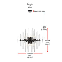 Pendant Light with 8 Lights and Clear Crystal Rods in Black