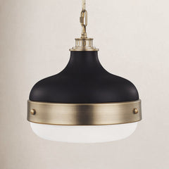 Pendant Light with Frosted Glass Shade in Dark Antique Brass and Matte Black