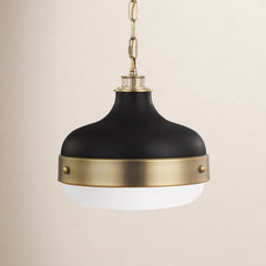 Pendant Light with Frosted Glass Shade in Dark Antique Brass and Matte Black