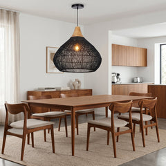 Pendant Light with Hand-Woven Rattan Dome Shade in Black