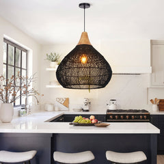 Pendant Light with Hand-Woven Rattan Dome Shade in Black