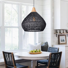 Pendant Light with Hand-Woven Rattan Dome Shade in Black