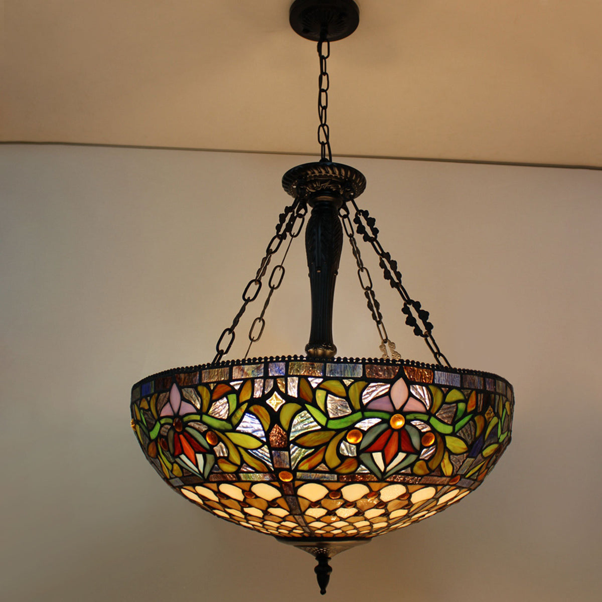 Pendant Light with Stained Glass Shade in Matte Black Metal, 5 Lights