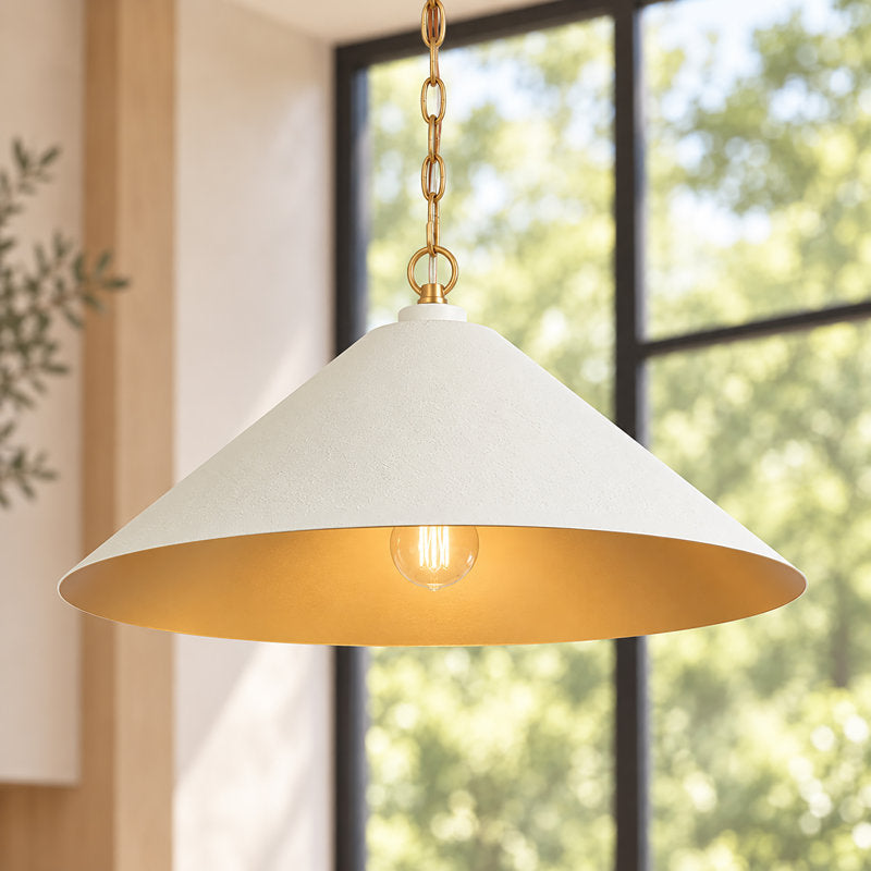 Pendant Light with Tapered Cone Shade in White and Gold Metal
