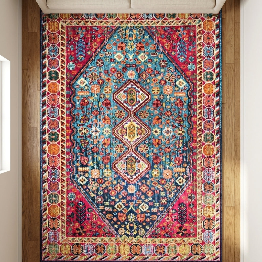Pennine rug | seen from above on a wood floor, the pattern filling the frame below a sofa