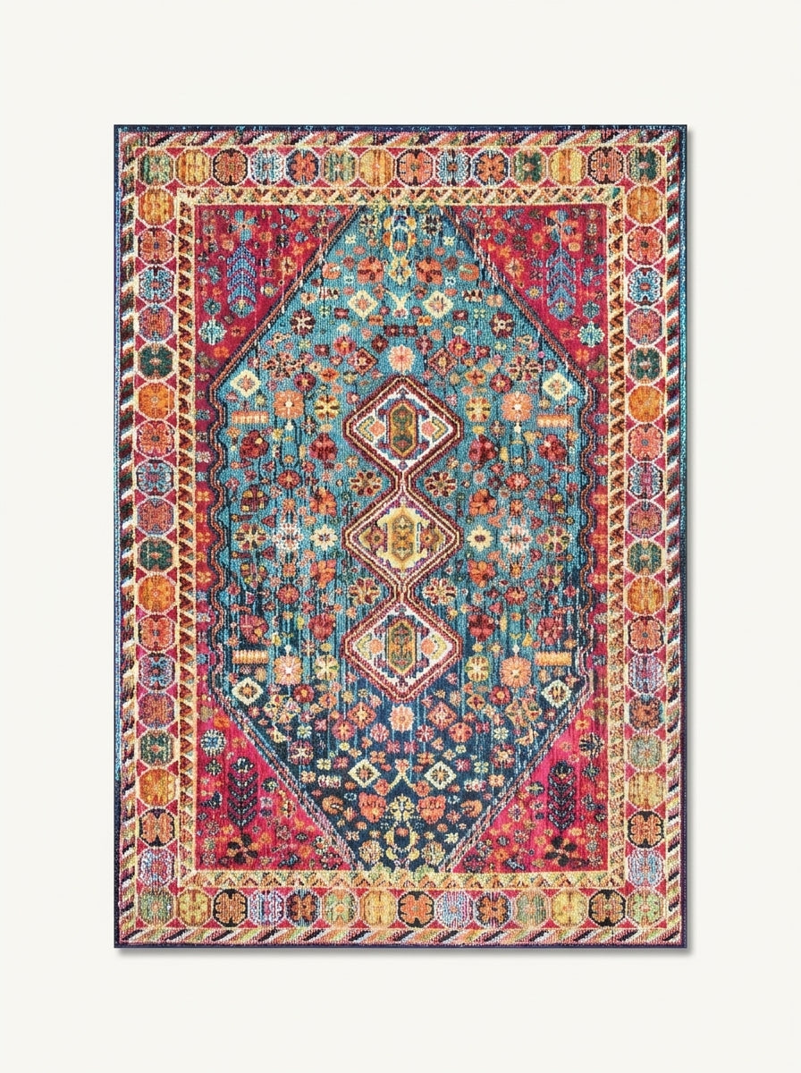 Pennine rug | the whole rug flat, teal centre field with red corners
