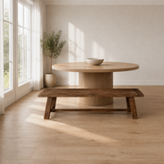Scale | the bench against a full floor-to-ceiling window in the oak dining room, true size