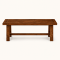 Front | medium-brown solid acacia dining bench centered on paper, backless plank and breadboard ends