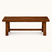 Front | medium-brown solid acacia dining bench centered on paper, backless plank and breadboard ends