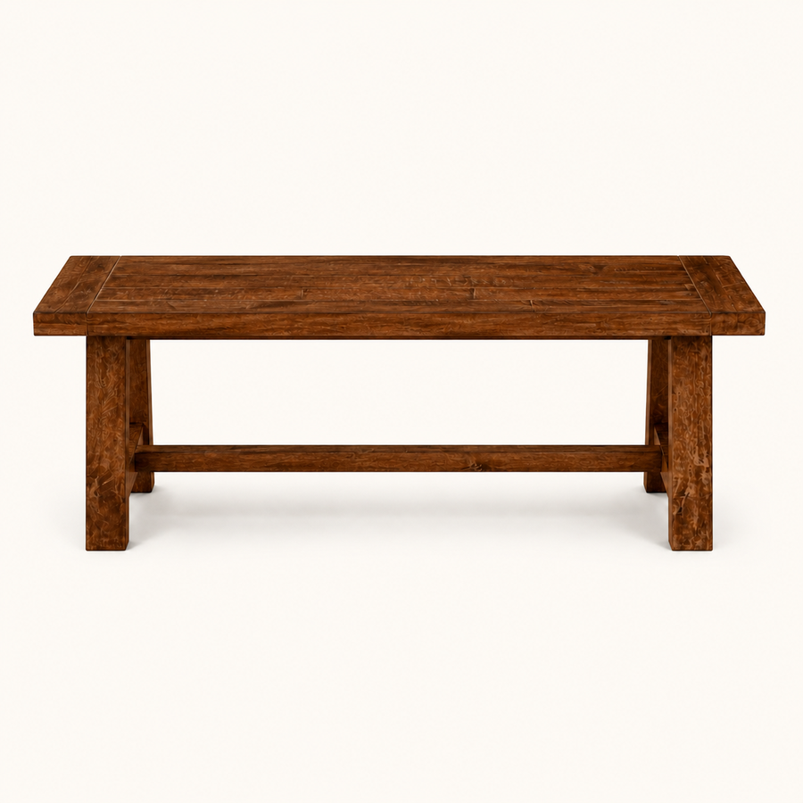 Front | medium-brown solid acacia dining bench centered on paper, backless plank and breadboard ends