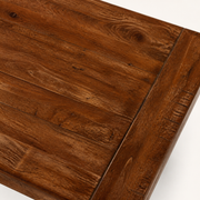 Closer | scored acacia grain, knots, and rub-through on the plank top