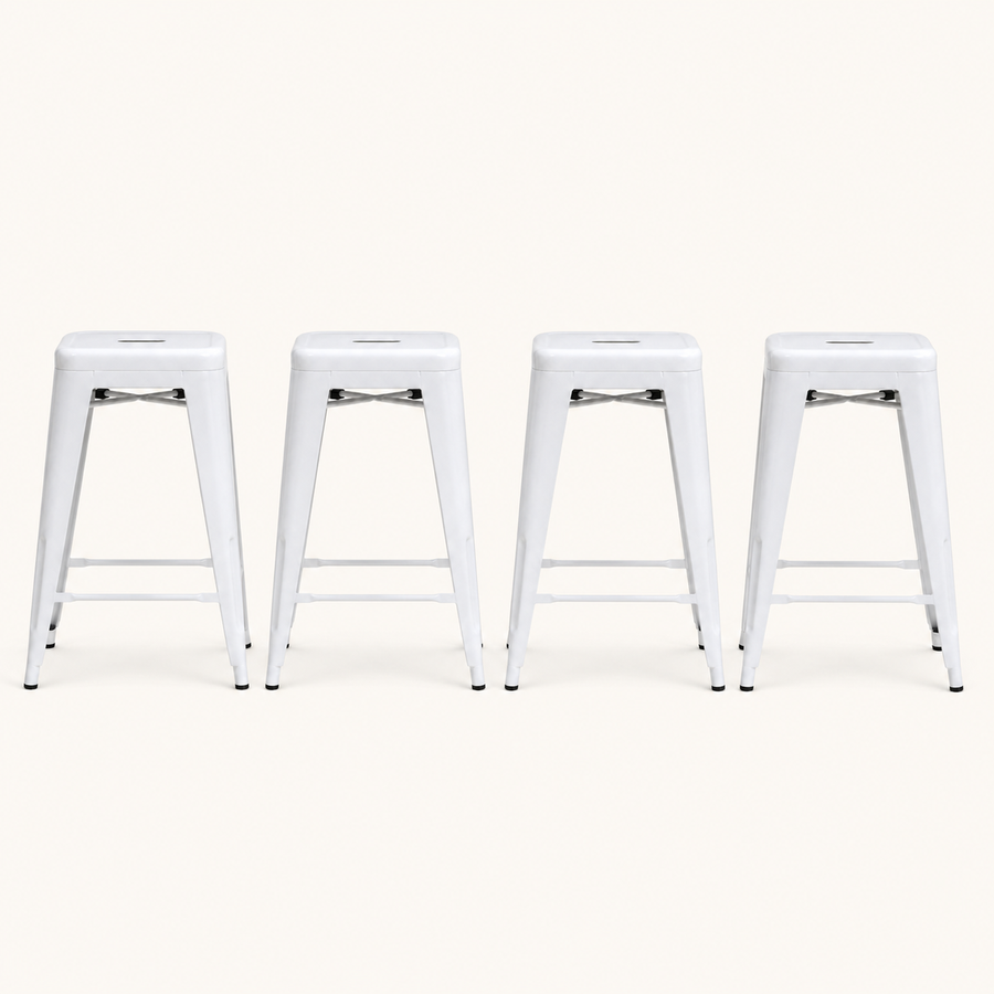 Front | all four matching stools centered on paper, gray finish and the X-brace visible