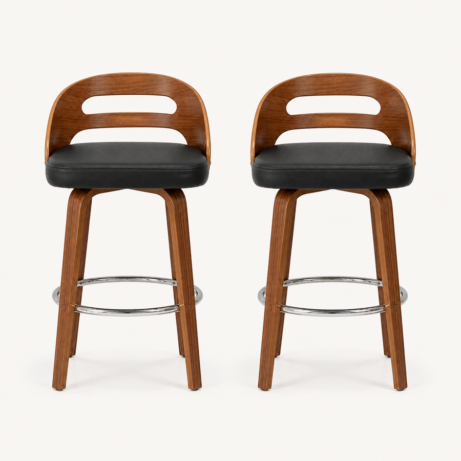 Front | both matching bar stools centered on paper, low back cutout and chrome footrest ring visible