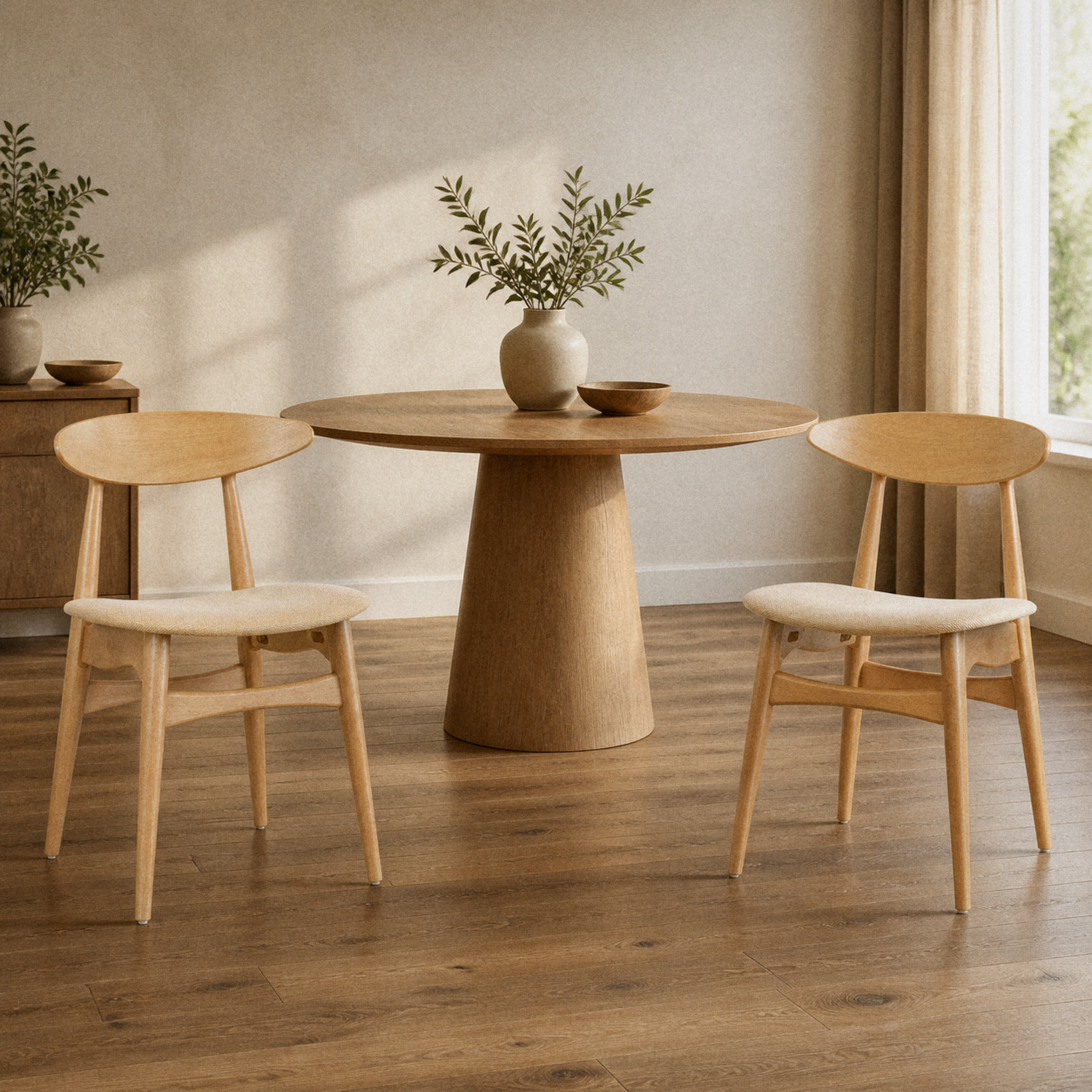 In a room | both matching natural rubberwood side chairs with beige fabric seats at a table in a warm plaster dining room, low afternoon light