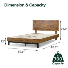 Platform Bed Frame, Queen, Solid Wood with Adjustable Headboard