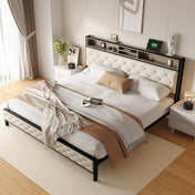 Platform Bed, King, Beige Linen with Bookcase Headboard
