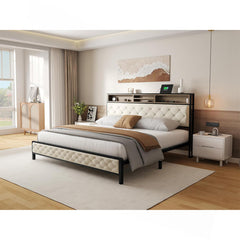 Platform Bed, King, Beige Linen with Bookcase Headboard
