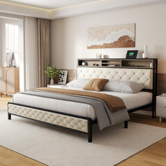 Platform Bed, King, Beige Linen with Bookcase Headboard