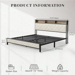 Platform Bed, King, Beige Linen with Bookcase Headboard