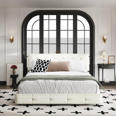 Platform Bed, King, Beige Linen with Bookcase Headboard