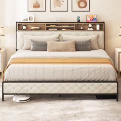 Platform Bed, King, Beige Linen with Bookcase Headboard