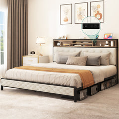 Platform Bed, King, Beige Linen with Bookcase Headboard