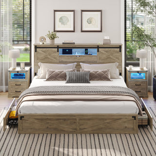 Platform Bed, King Size, Rustic Oak with LED Lighting