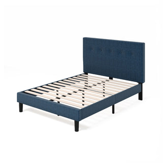 Platform Bed, King, Tufted Navy Polyester Upholstery with Wood Slats