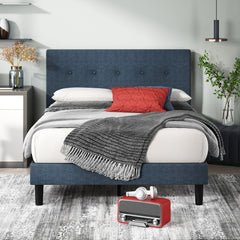 Platform Bed, King, Tufted Navy Polyester Upholstery with Wood Slats