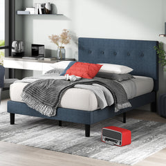 Platform Bed, King, Tufted Navy Polyester Upholstery with Wood Slats