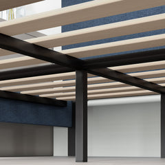Platform Bed, King, Tufted Navy Polyester Upholstery with Wood Slats