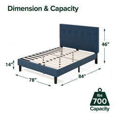 Platform Bed, King, Tufted Navy Polyester Upholstery with Wood Slats