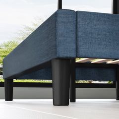 Platform Bed, King, Tufted Navy Polyester Upholstery with Wood Slats