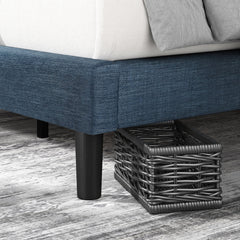 Platform Bed, King, Tufted Navy Polyester Upholstery with Wood Slats
