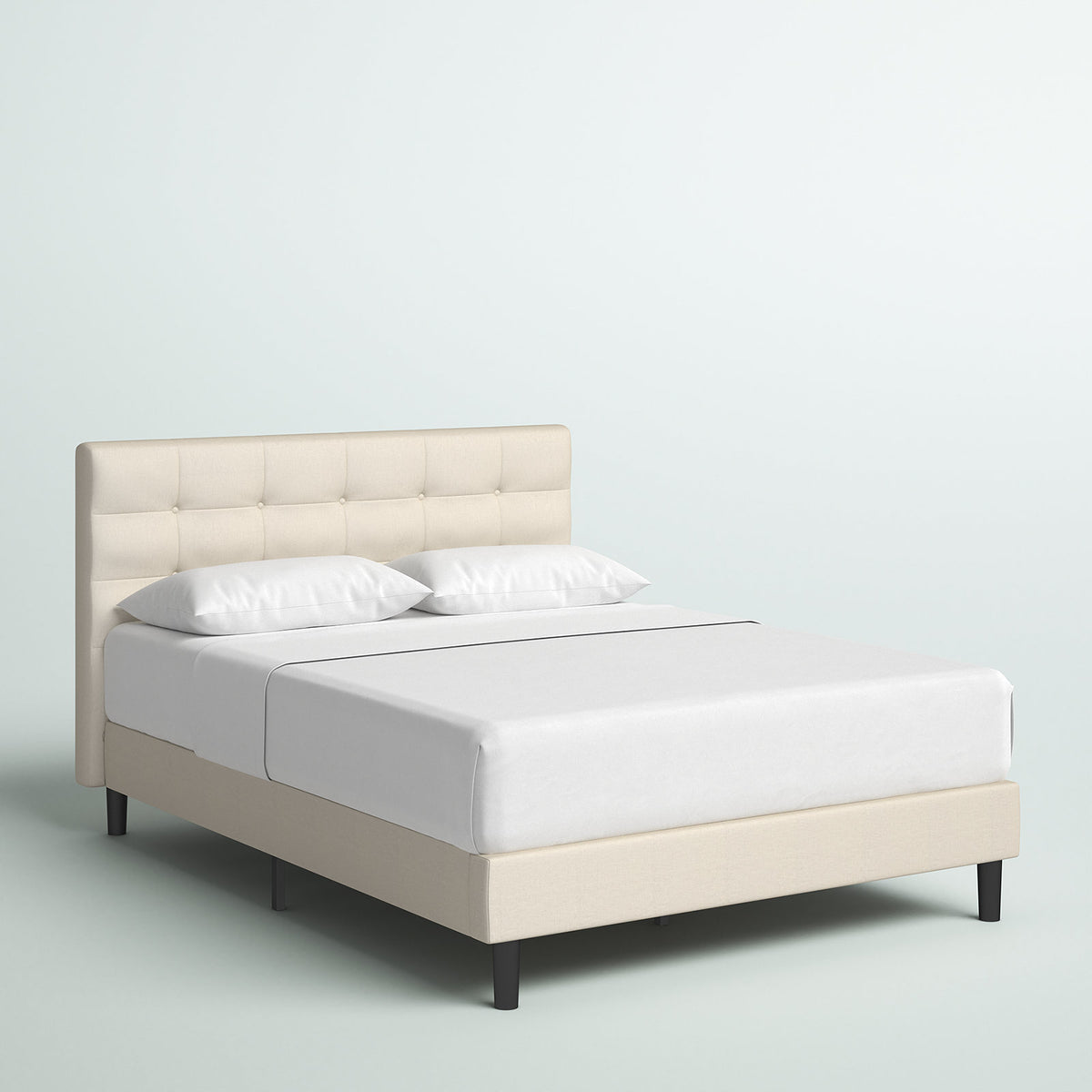 Platform Bed, Queen, Beige Polyester Upholstery with Button Tufting