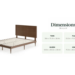 Platform Bed, Queen, Brown Pine Wood and Metal with Adjustable Headboard