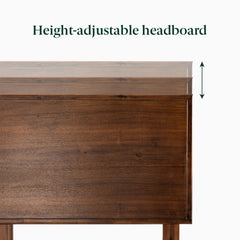 Platform Bed, Queen, Brown Pine Wood and Metal with Adjustable Headboard