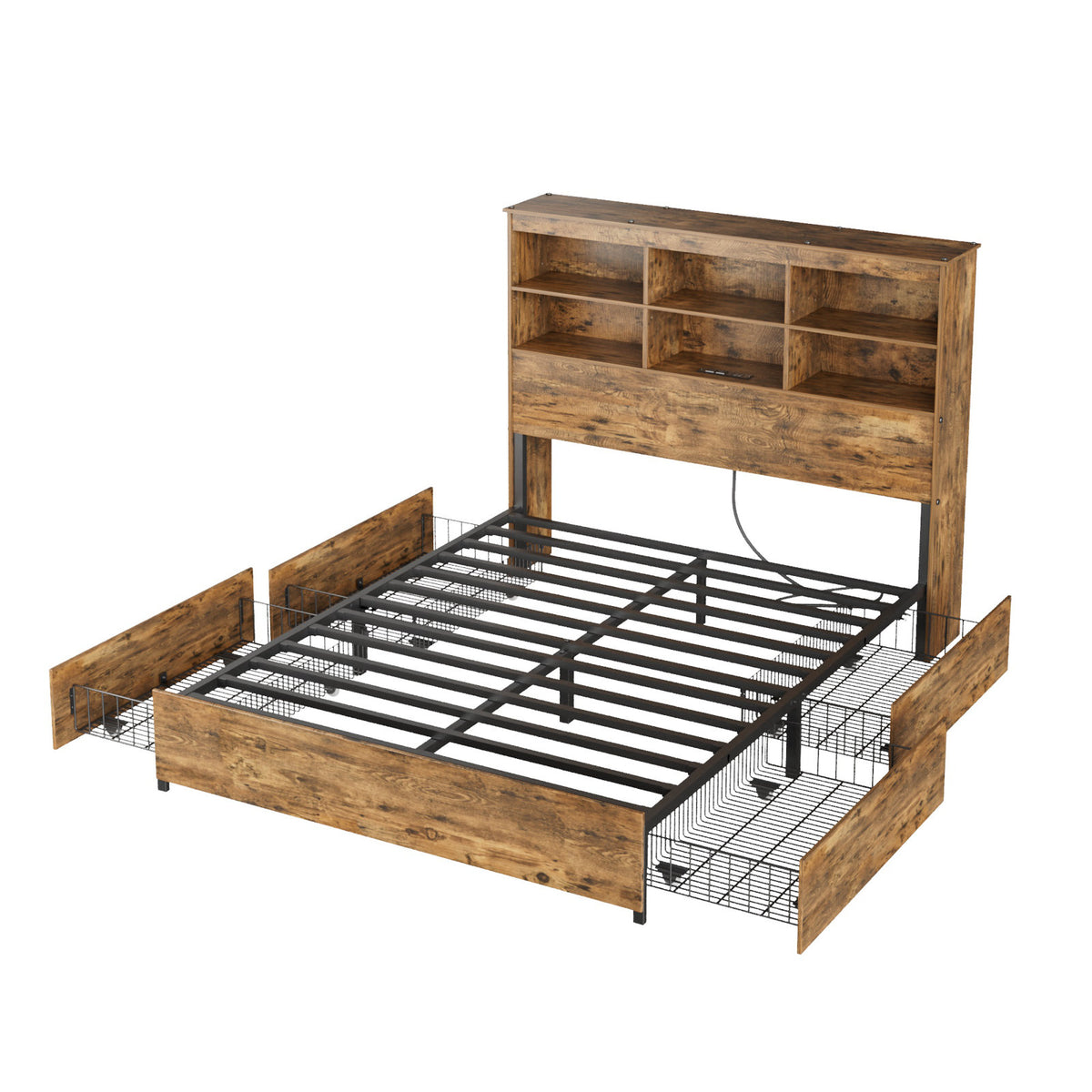 Platform Bed, Queen, Brown with Bookcase Headboard