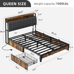 Platform Bed, Queen, Brown with Linen Upholstered Headboard