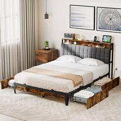 Platform Bed, Queen, Brown with Linen Upholstered Headboard